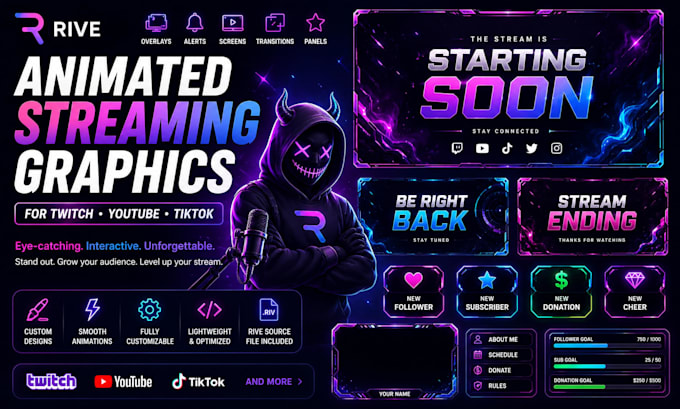 design animated streaming graphics in rive fo youtube tiktok