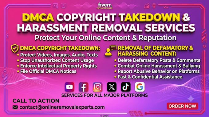 do dmca copyright takedown and remove harassing defamatory content