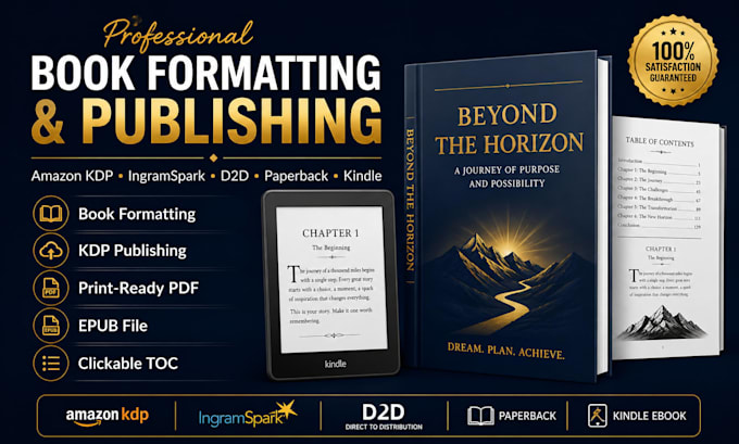 do book formatting and publishing on amazon KDP, ingramspark, d2d, and many more