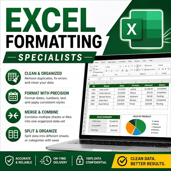 clean, format, merge, split excel data