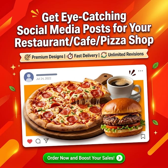 design premium restaurant social media posts and pizza posters
