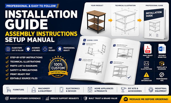 create a professional installation guide, assembly instructions and setup manual