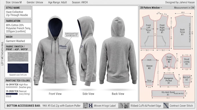 create a factory ready fashion tech pack with pantone spec
