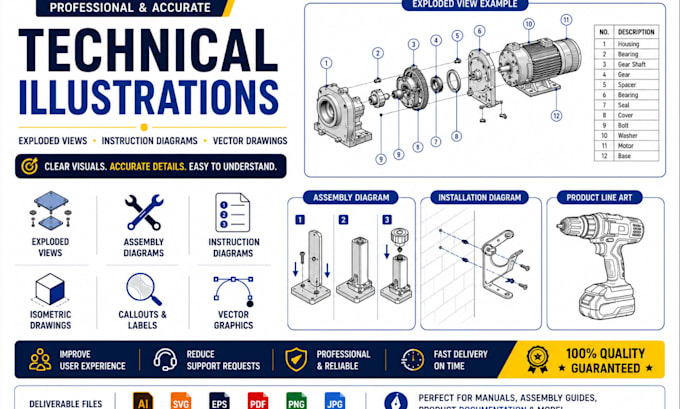 create technical illustrations, intruction diagrams and exploded views