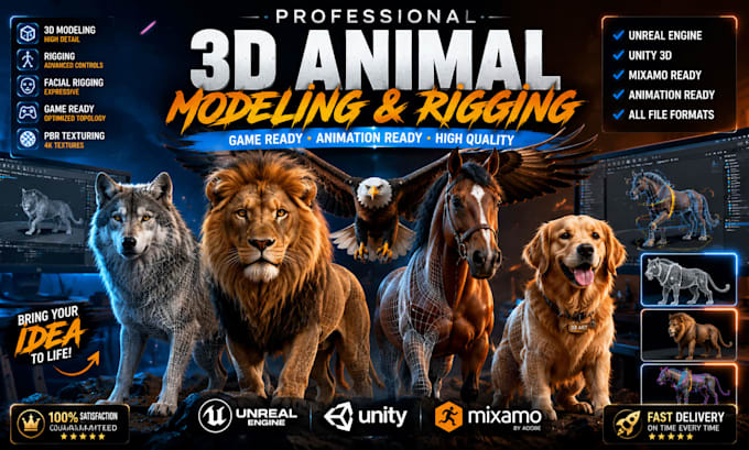 do 3d animal model, character modeling, rigging for unreal engine, unity, mixamo