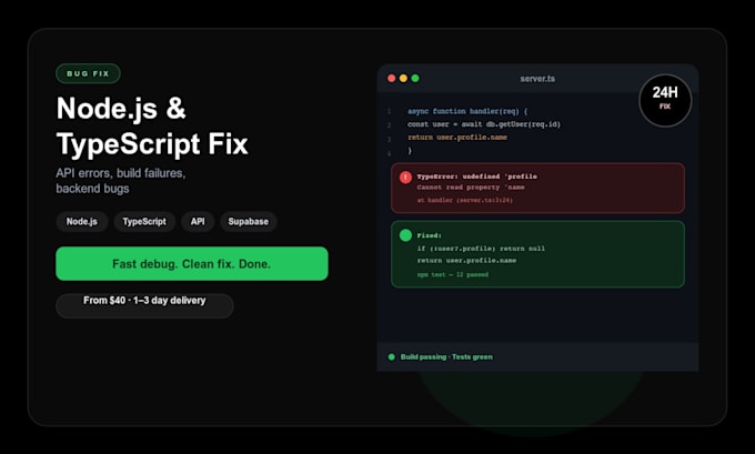 fix your nodejs typescript or API bug within 24 hours
