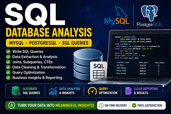 write sql queries and analyze postgresql or mysql data