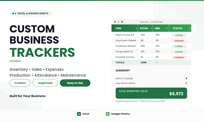 create custom excel and google sheets business trackers