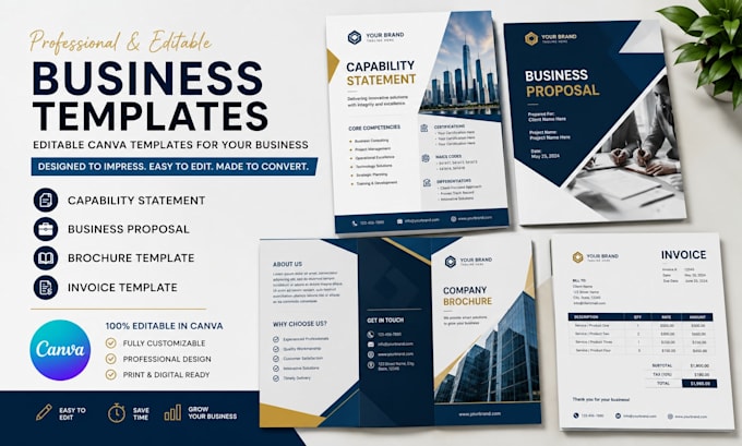 editable canva capability statement business  proposal brochure invoice template