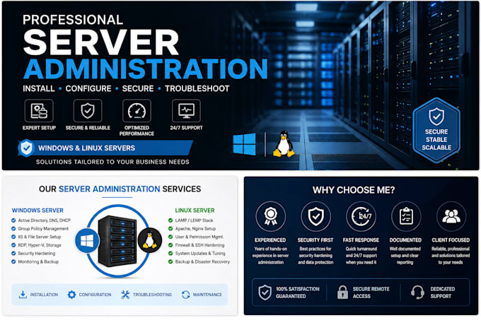 install, configure, secure and troubleshoot windows and linux servers