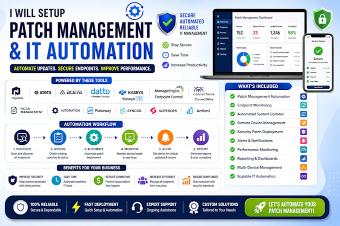 setup patch management automation ninjaone atera datto kaseya vsa manageengine