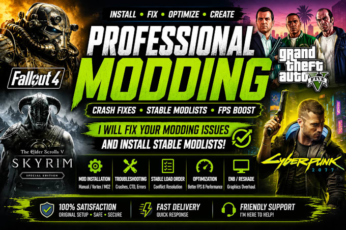 install, fix, optimize and create modlists for fallout 4, skyrim, gta v