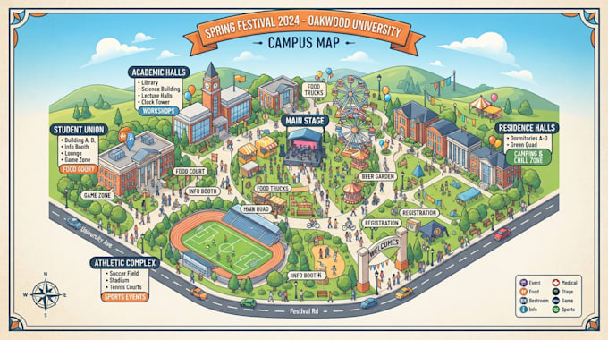 render 3d isometric event map, college map or 2d map and vector illustration