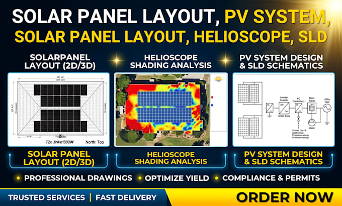 do solar panel layout, pv system, helioscope shading analysis, sld schematics