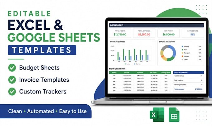 create editable excel google sheet, spreadsheet or invoice template