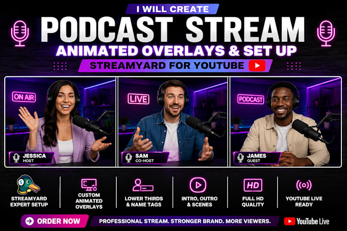 create podcast stream, animated overlays, and set up streamyard for youtube