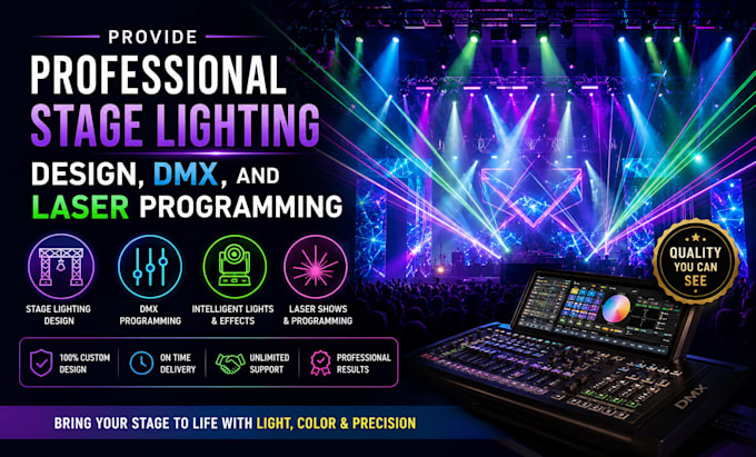 provide professional stage lighting design, dmx, and laser programming