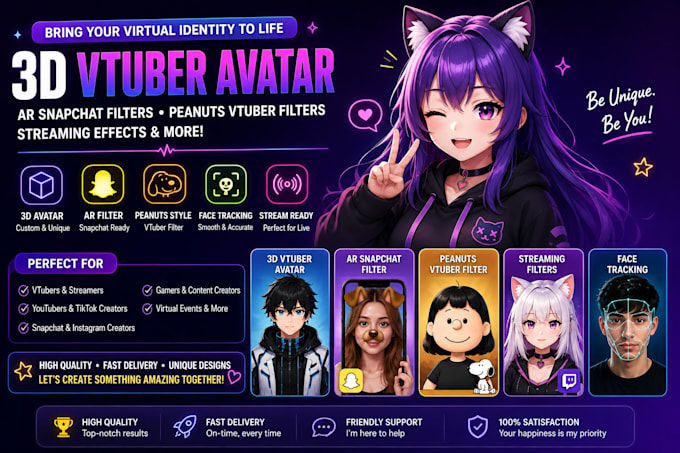 create 3d vtuber avatar, ar snapchat filter, peanuts vtuber filter, streaming