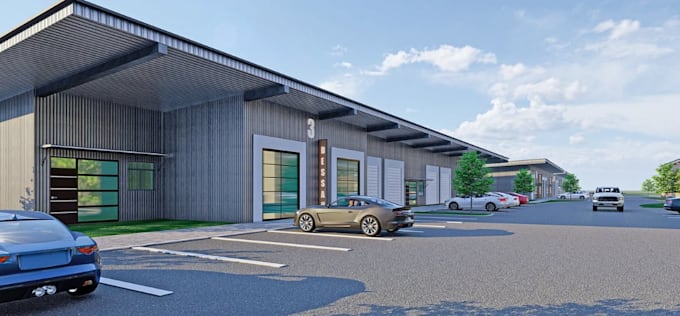 construct warehouse complex,cgi industrial retail, 3d exterior parking rendering
