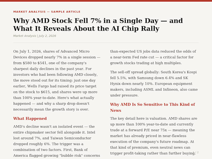 write financial market analysis and stock articles