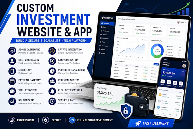 develop an investment website app with admin panel