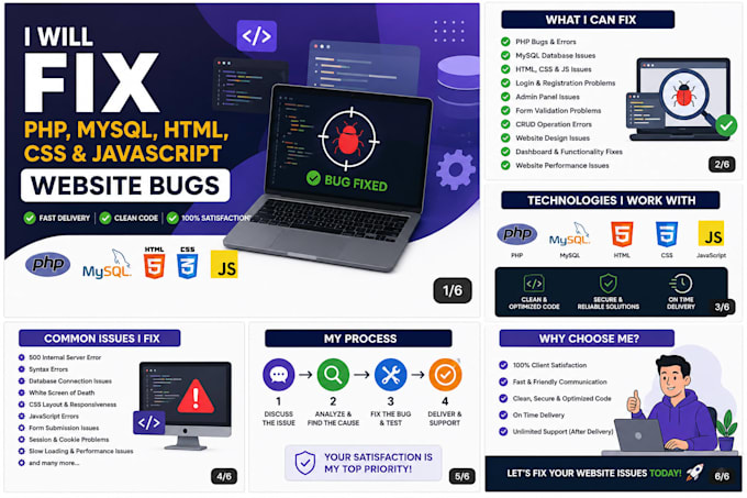 fix PHP mysql HTML CSS and javascript website bugs