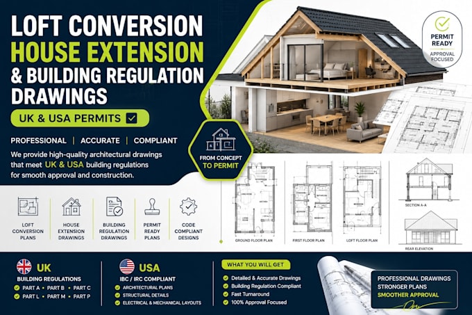 create loft conversion plans, house extension and building regulation drawings