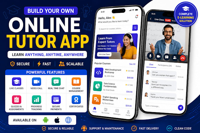 develop online tutor app for elearning, live classes and course platform