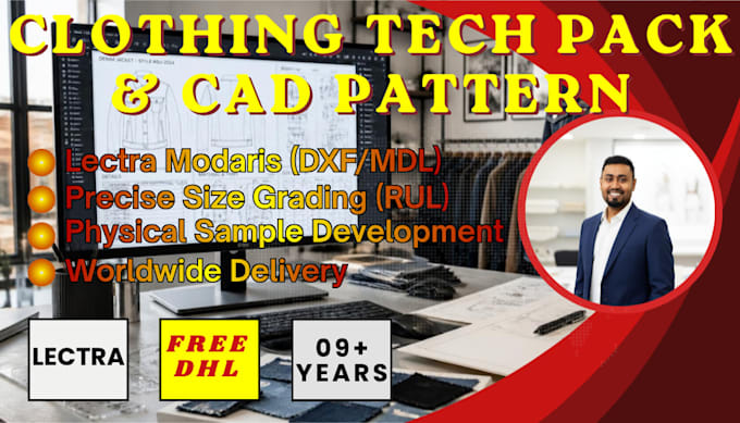 create clothing tech pack, cad pattern making, and physical garment development