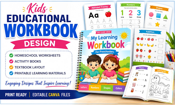 design kids educational workbook homeschool worksheet, textbook, activity book