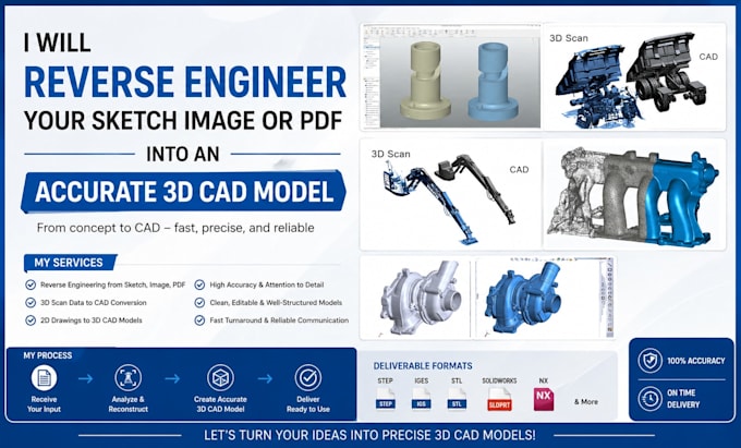 reverse engineer your sketch image or PDF into an accurate 3d cad model