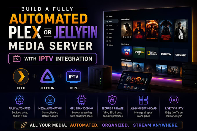 build a fully automated plex or jellyfin media server with iptv integration