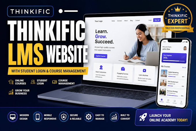 build thinkific lms website with student login and course management