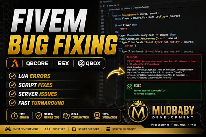 fix your fivem qbcore script errors and lua bugs