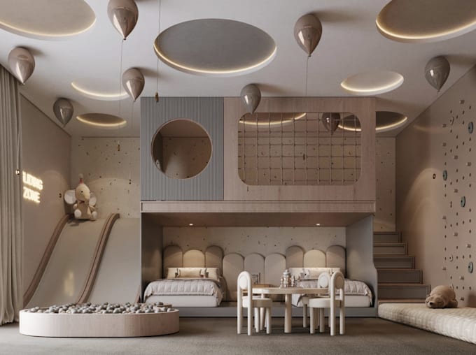design, render cgi kids room, daycare interior, playing zone, study room visual