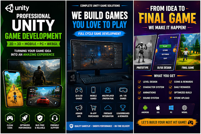 develop unity game, 2d 3d mobile game, PC, multiplayer game