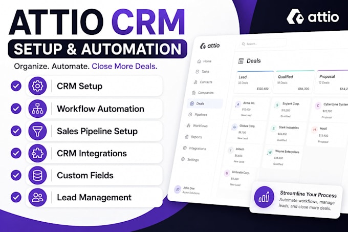 setup attio CRM, automate workflows, pipelines and integrations