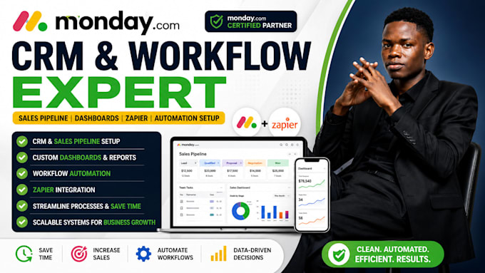 monday com crm workflow expert sales pipeline dashboard, zapier automation setup