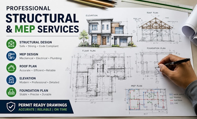 do structural design, mep, roof, elevation, and foundation plan
