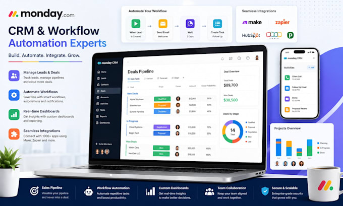 setup monday CRM, monday com automation workflow and integrations expert
