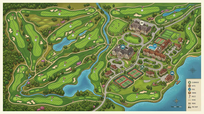 create golf resort map, golf property map, golf club map, golf wayfinding map