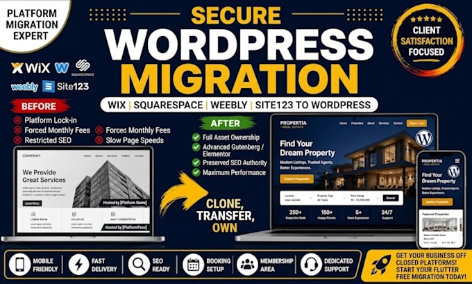 clone, transfer, duplicate site123, weebly, wix,squarespace to wordpress website
