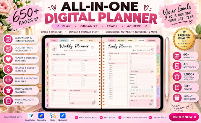 etsy digital planner, etsy digital products, hyperlinked planner, planner