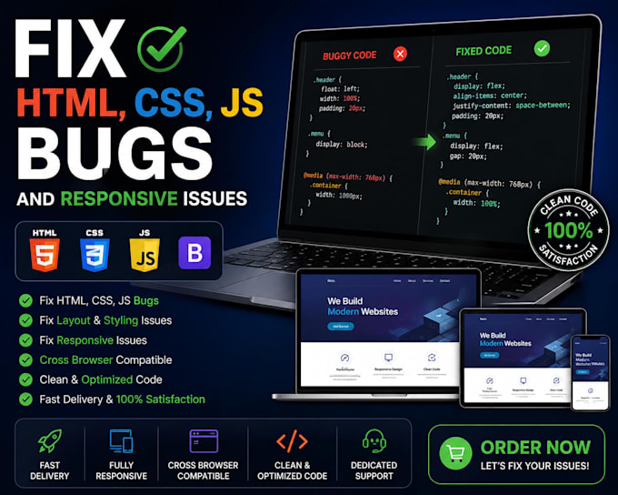 fix HTML CSS javascript bugs and responsive website issues