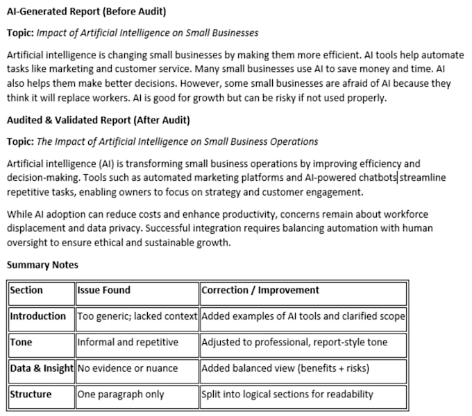 audit and validate ai generated research reports