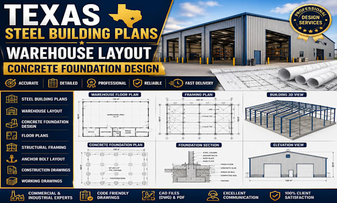 provide texas steel building plans warehouse layout concrete foundation design