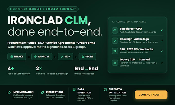 do ironclad and docusign clm implementation, data migration, integration