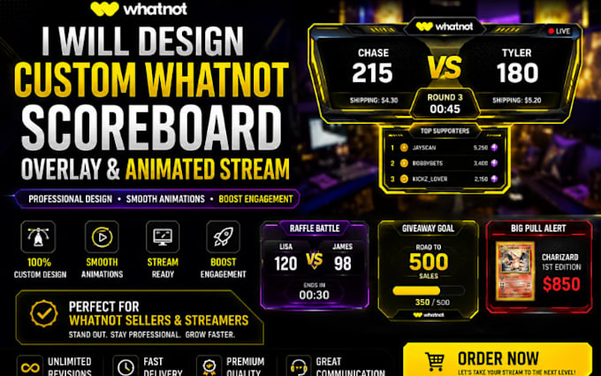 design custom whatnot scoreboard overlat and stream animated