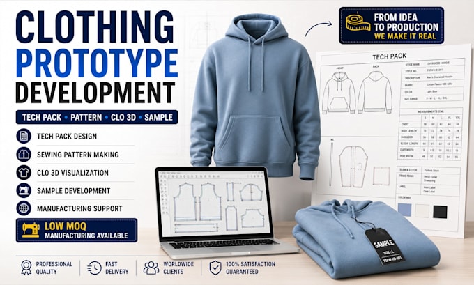 develop clothing prototype sample with custom labeling, hangtags for your brand