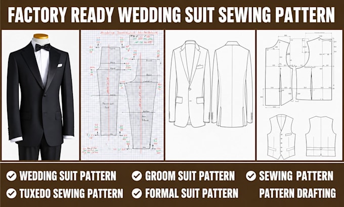 draft wedding tuxedo and groom suit sewing pattern using pdf for manufacturing